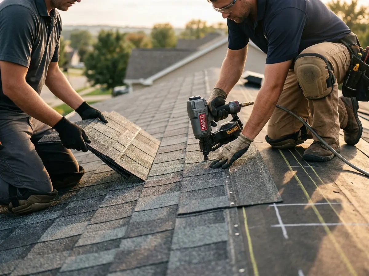 Professional roofer working on a residential roof in Wolcott